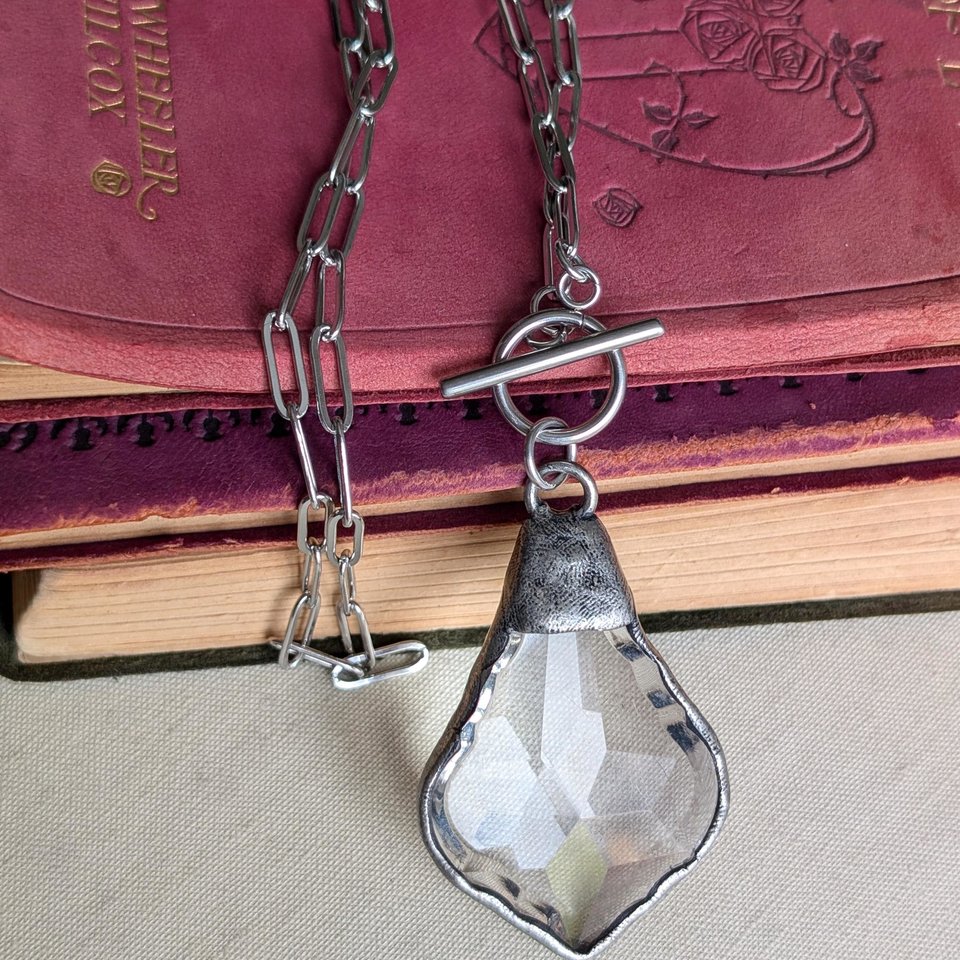 Clear Crystal Teardrop Pendant with Antiqued Silver Solder on Paperclip Chain with Toggle Closure, Edgy Statement Necklace