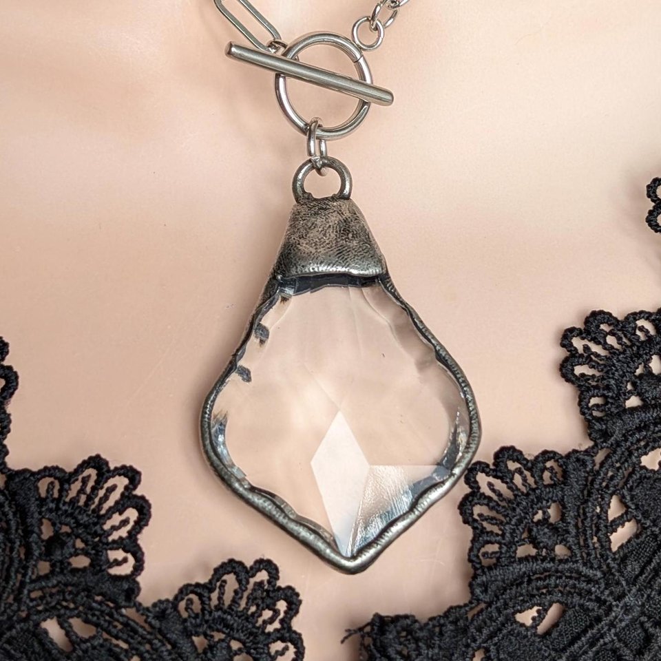 Clear Crystal Teardrop Pendant with Antiqued Silver Solder on Paperclip Chain with Toggle Closure, Edgy Statement Necklace