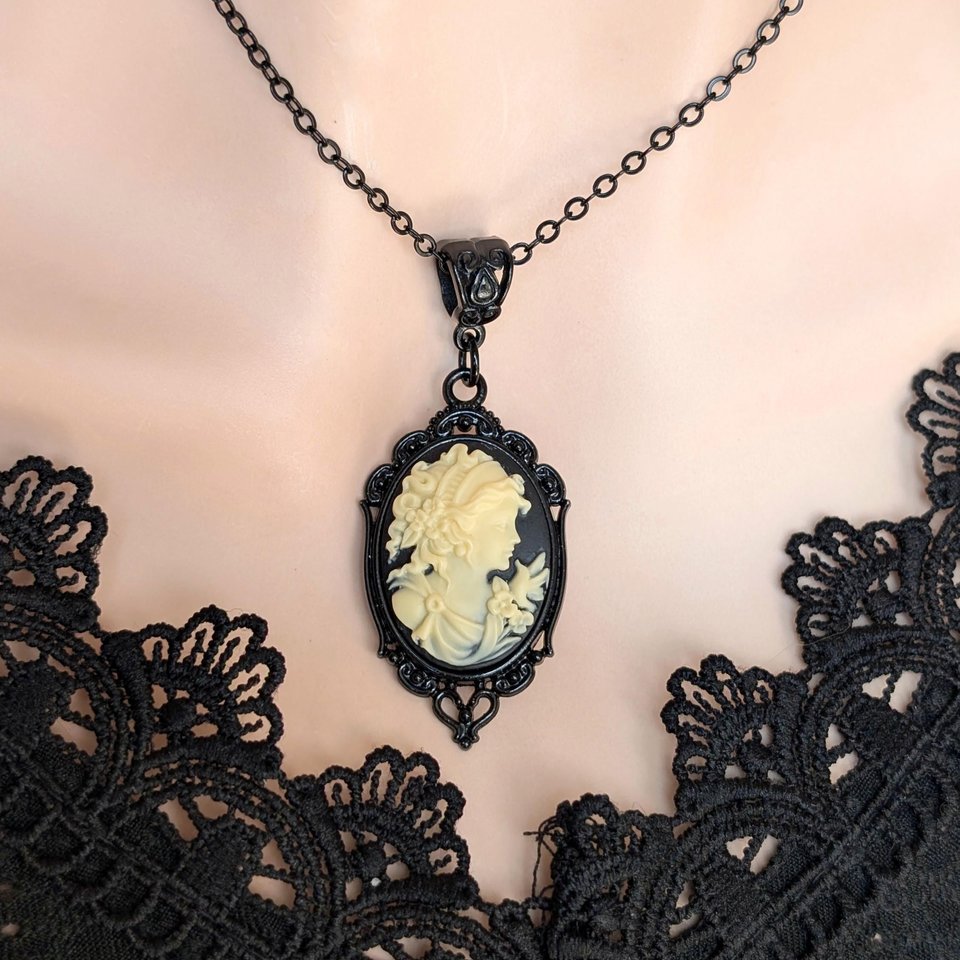 Gothic Black Cameo Necklace, Ivory on Black Goddess Portrait Cameo, Vampire Jewelry, Vintage Style Dark Academia, Gift for Girlfriend