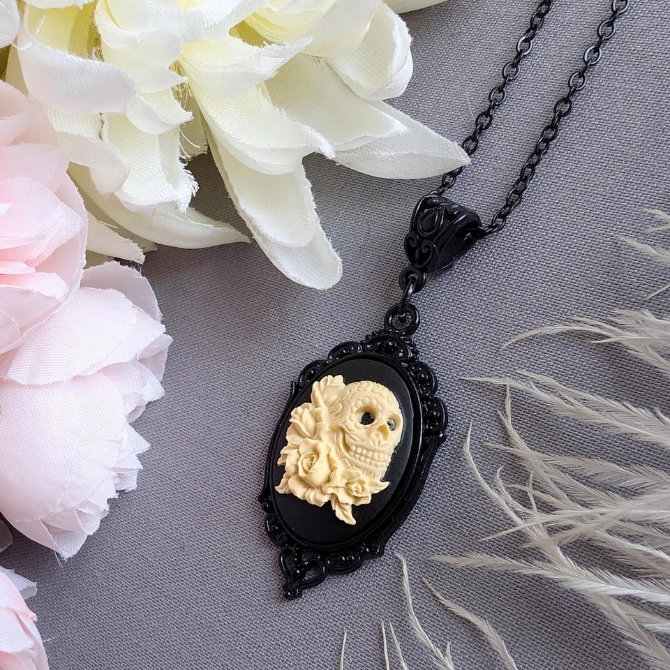 Gothic Sugar Skull Cameo Necklace, Ivory on Black Sugar Skull in Ornate Black Setting, Day of the Dead & Halloween Jewelry