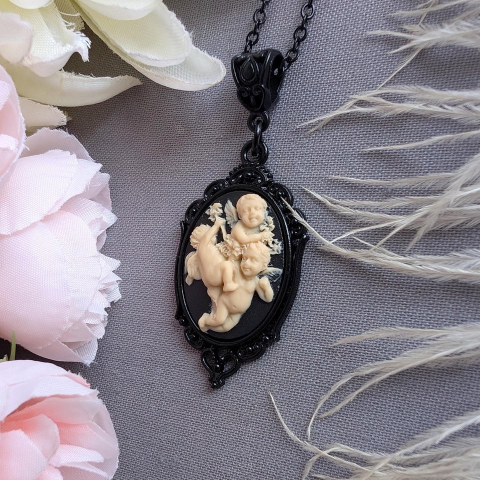 Gothic Cherub Cameo Necklace, Ornate Black Setting with Three Angels in Ivory on Black Cameo, Religious Jewelry, Vintage Style Dark Romance