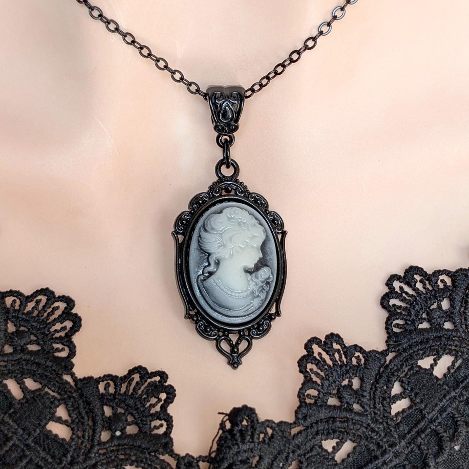 Gothic Blue Cameo Necklace in Ornate Black Setting, Dark Vintage Inspired Jewelry, Gift for Girlfriend