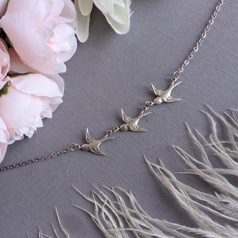 Silver Swallow Necklace, Three Bird Pendant, Minimalist Nature Inspired Jewelry, Symbolic Swallow Charm