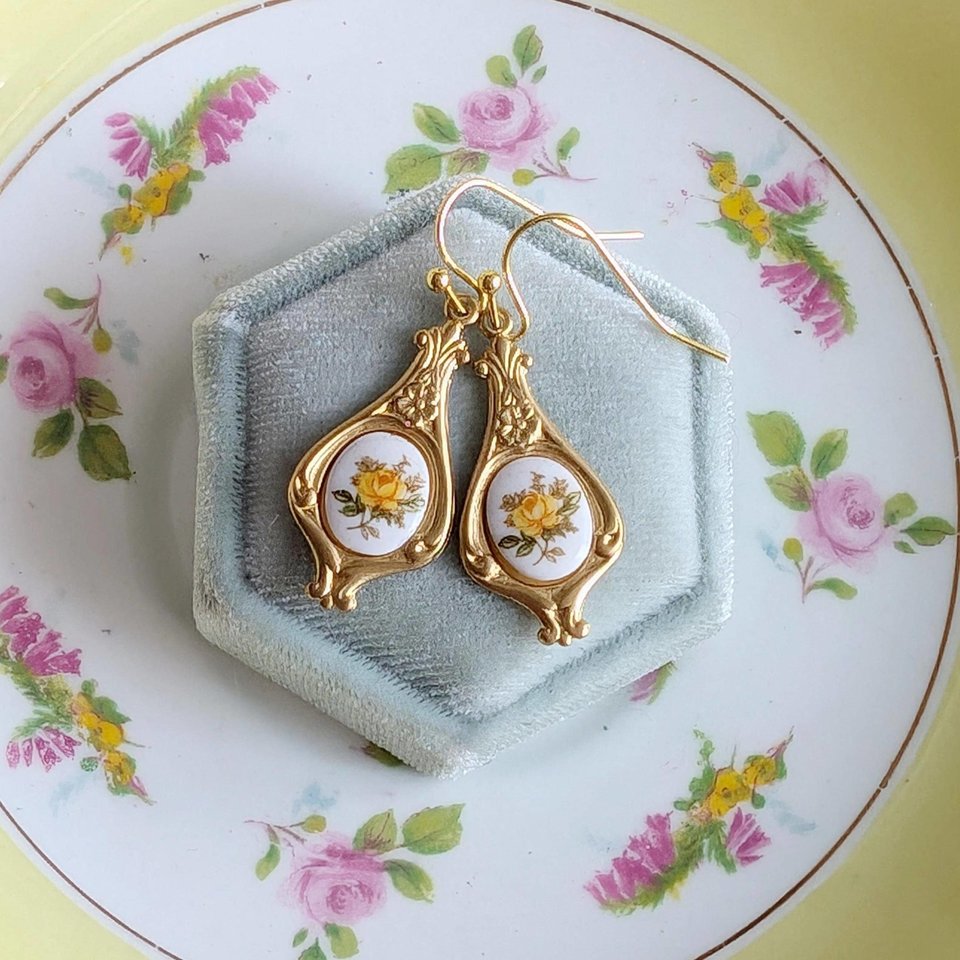 Yellow Rose Limoges Earrings with Golden Teardrop Pendants, Elegant Floral Art Nouveau Jewelry