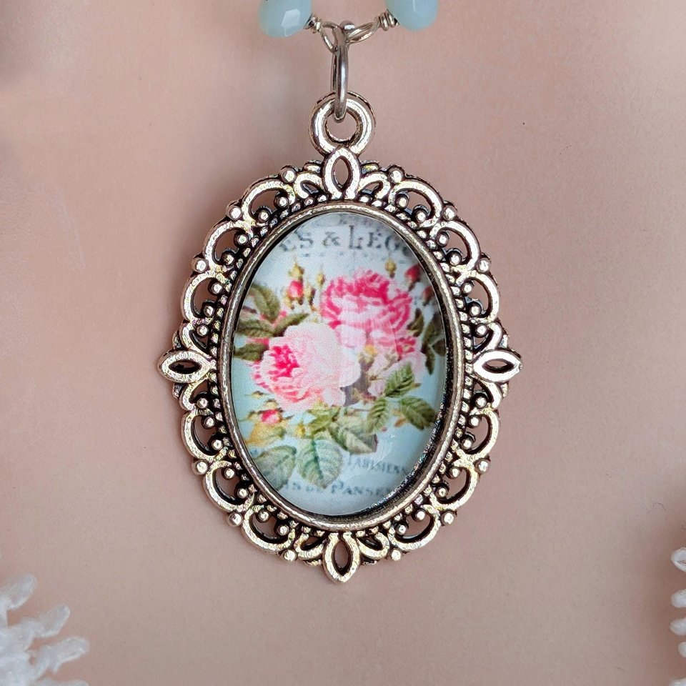 Floral Pendant Necklace with Aqua Chalcedony Rosary Chain, Elegant Flower Charm Jewelry, Vintage Inspired Delicate Aqua Gemstone Necklace