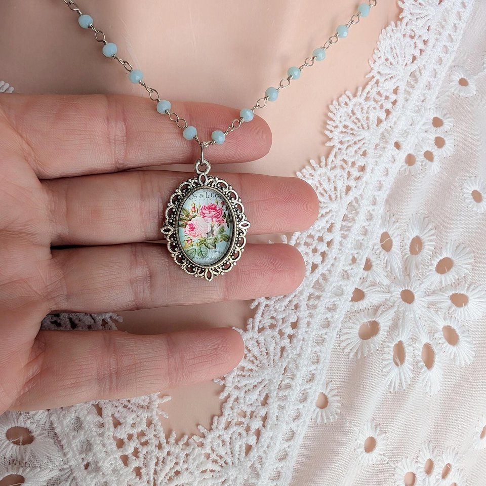 Floral Pendant Necklace with Aqua Chalcedony Rosary Chain, Elegant Flower Charm Jewelry, Vintage Inspired Delicate Aqua Gemstone Necklace