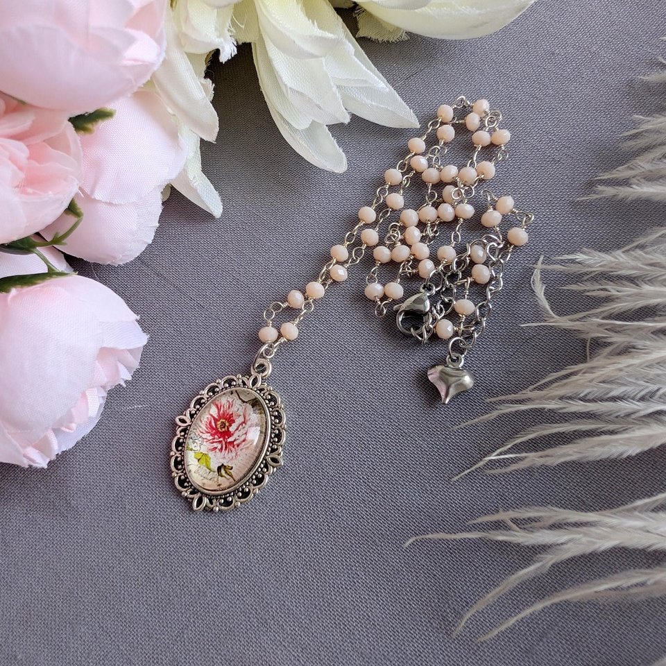 Floral Pendant Necklace with Pink  Opal Rosary Chain, Elegant Peony Flower Charm Jewelry, Vintage Inspired Delicate Pink Gemstone Necklace