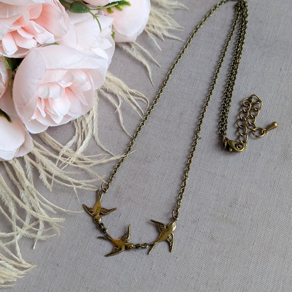 Bronze Swallow Necklace, Three Bird Pendant, Minimalist Nature Inspired Jewelry, Symbolic Swallow Charm