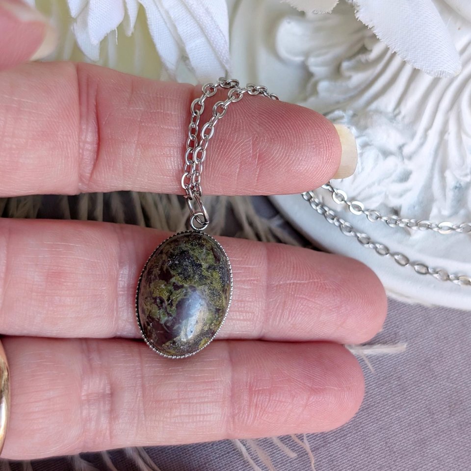 Oval Dragons Blood Jasper Necklace, Natural Stone Pendant, Boho Gemstone Jewelry, Earthy Statement Necklace