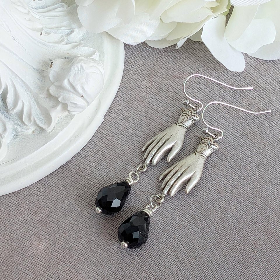 Victorian Hand Earrings in Antiqued Silver Finish with Black Beads, Gothic Vintage Inspired Jewelry
