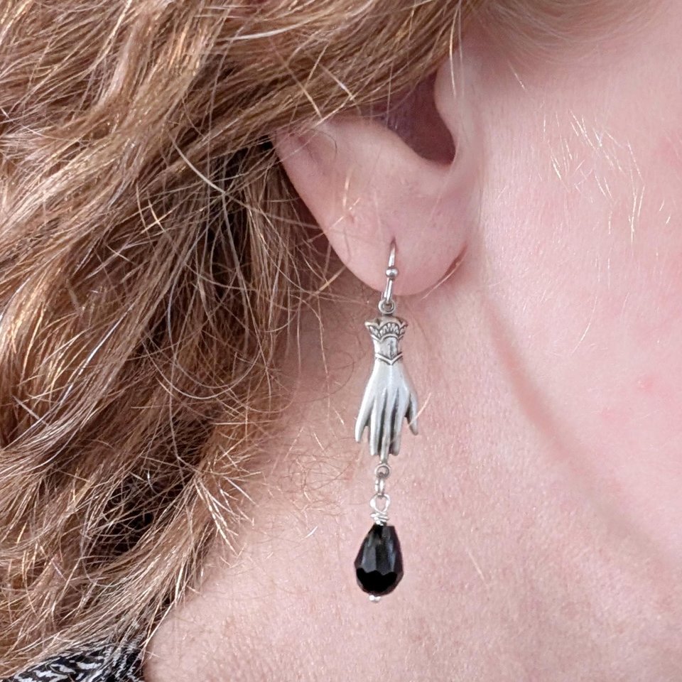 Victorian Hand Earrings in Antiqued Silver Finish with Black Beads, Gothic Vintage Inspired Jewelry