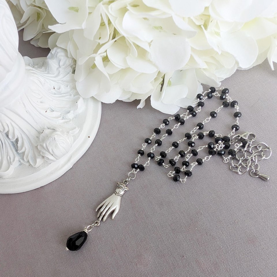Victorian Hand Necklace, Gothic Jewelry, Black Goth Wedding, Retro Vintage Style, Rosary Bead Gift for Her, Girlfriend Gift