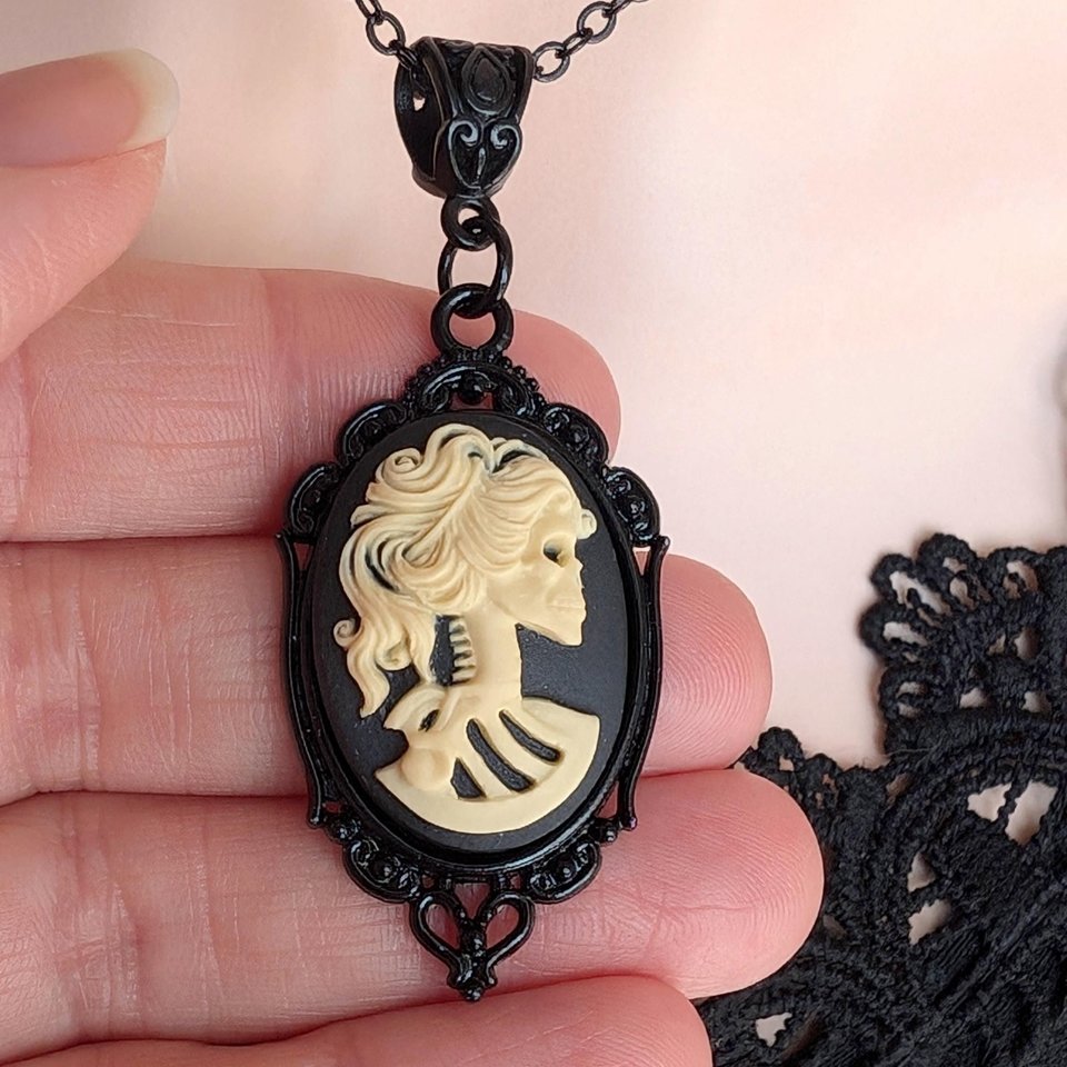 Gothic Lady Skull Cameo Necklace, Skeleton Portrait Cameo, Halloween Jewelry, Vintage Style Dark Academia, Gift for Girlfriend