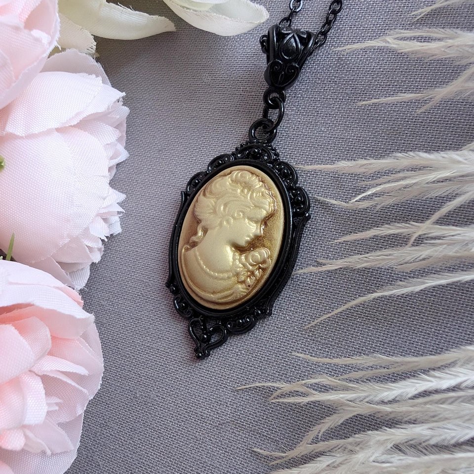 Gothic Sepia Toned Cameo Necklace in Ornate Black Setting, Vintage Inspired Jewelry, Victorian Steampunk, Dark Romance