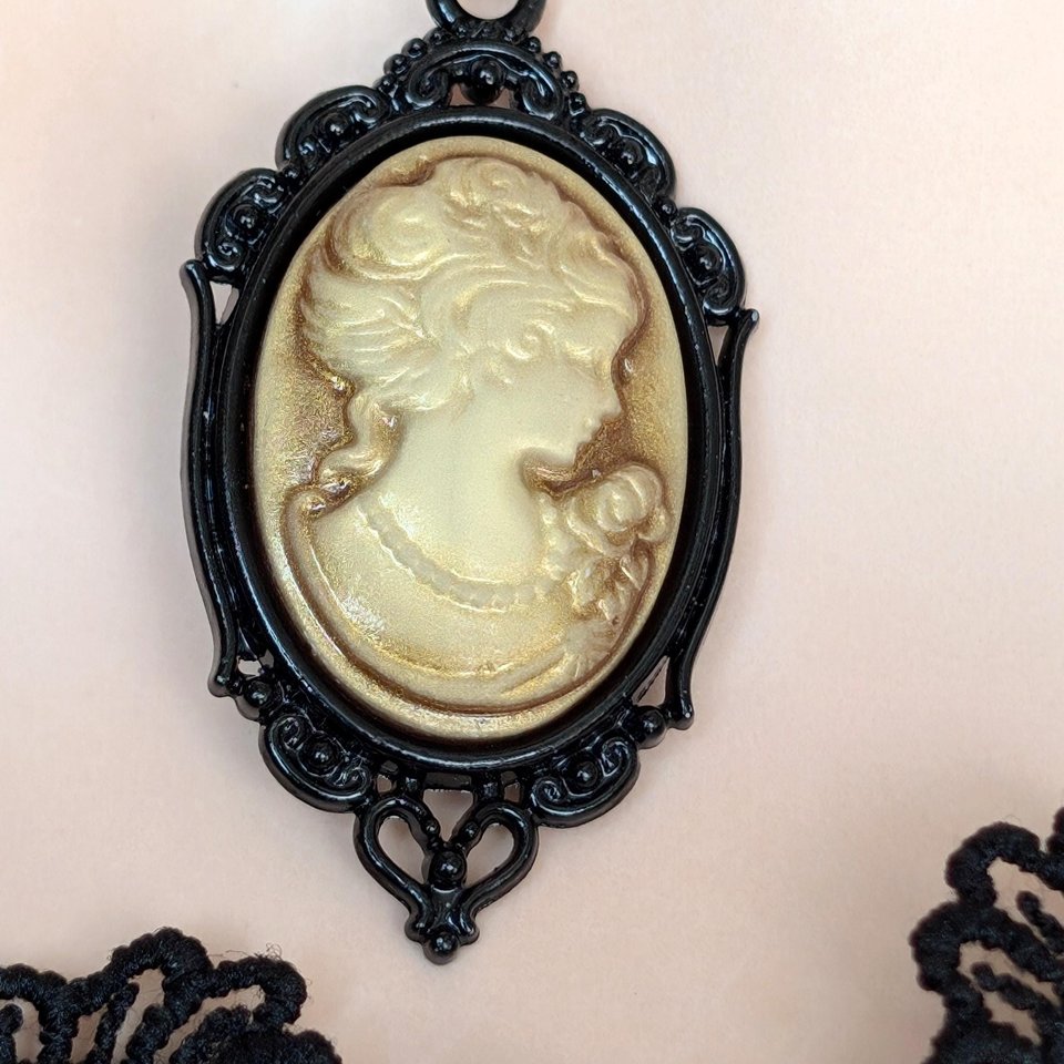Gothic Sepia Toned Cameo Necklace in Ornate Black Setting, Vintage Inspired Jewelry, Victorian Steampunk, Dark Romance