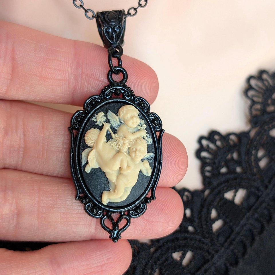 Gothic Cherub Cameo Necklace, Ornate Black Setting with Three Angels in Ivory on Black Cameo, Religious Jewelry, Vintage Style Dark Romance
