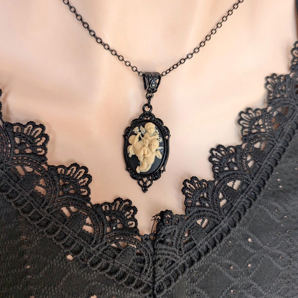 Gothic Cherub Cameo Necklace, Ornate Black Setting with Three Angels in Ivory on Black Cameo, Religious Jewelry, Vintage Style Dark Romance