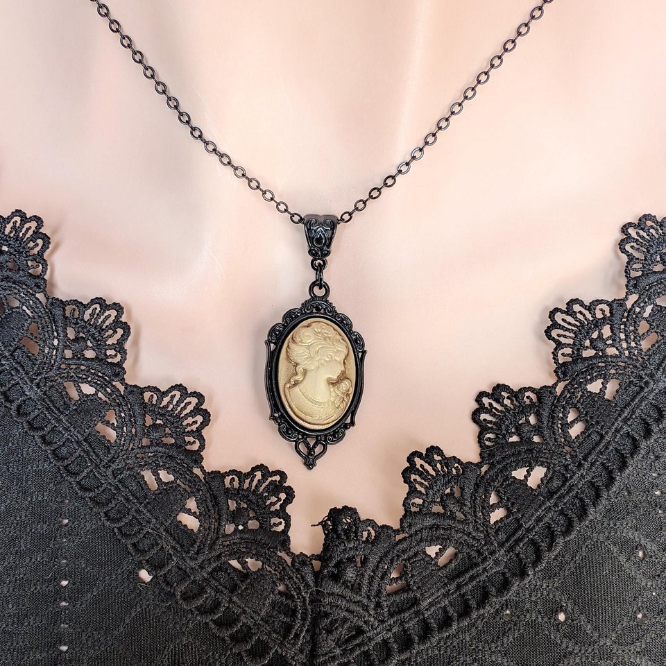 Gothic Sepia Toned Cameo Necklace in Ornate Black Setting, Vintage Inspired Jewelry, Victorian Steampunk, Dark Romance