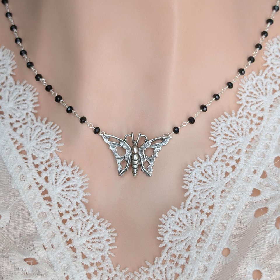 Silver Butterfly Choker Necklace with Black Rosary Chain, Art Nouveau Pendant, Dark Cottage Core Whimsigothic Jewelry