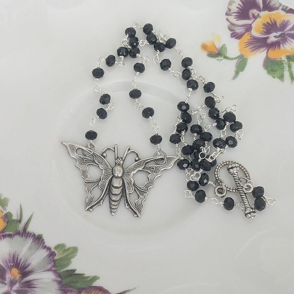 Silver Butterfly Choker Necklace with Black Rosary Chain, Art Nouveau Pendant, Dark Cottage Core Whimsigothic Jewelry