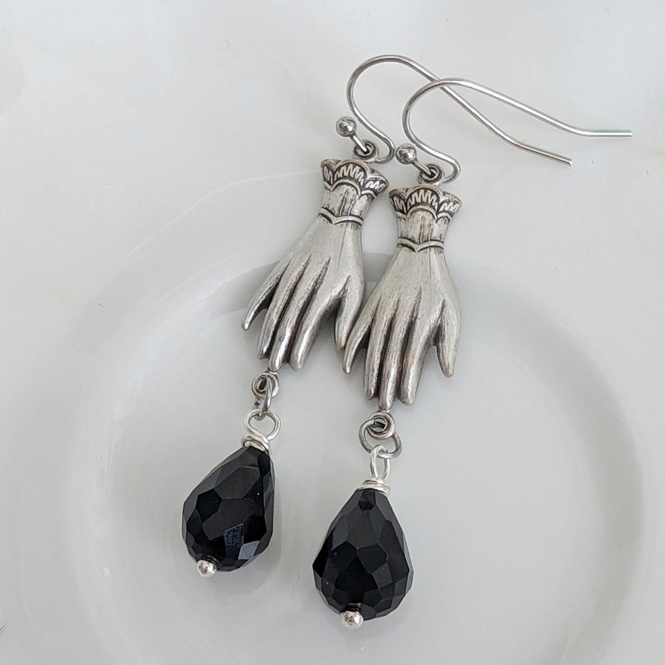 Victorian Hand Earrings in Antiqued Silver Finish with Black Beads, Gothic Vintage Inspired Jewelry