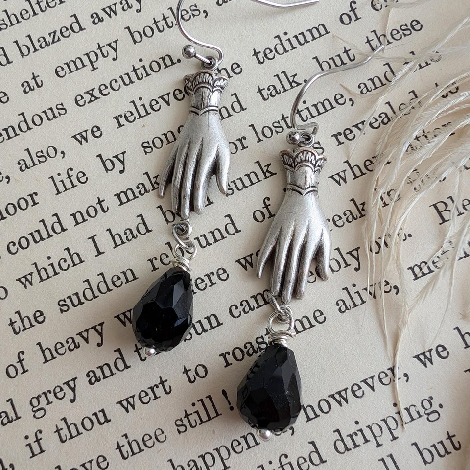 Victorian Hand Earrings in Antiqued Silver Finish with Black Beads, Gothic Vintage Inspired Jewelry