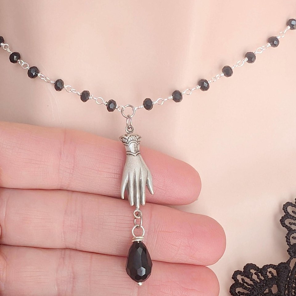Victorian Hand Necklace, Gothic Jewelry, Black Goth Wedding, Retro Vintage Style, Rosary Bead Gift for Her, Girlfriend Gift