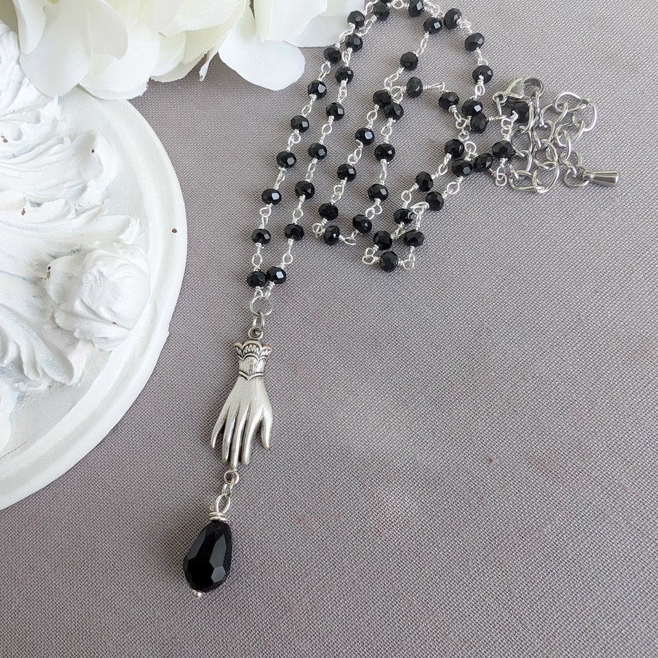 Victorian Hand Necklace, Gothic Jewelry, Black Goth Wedding, Retro Vintage Style, Rosary Bead Gift for Her, Girlfriend Gift