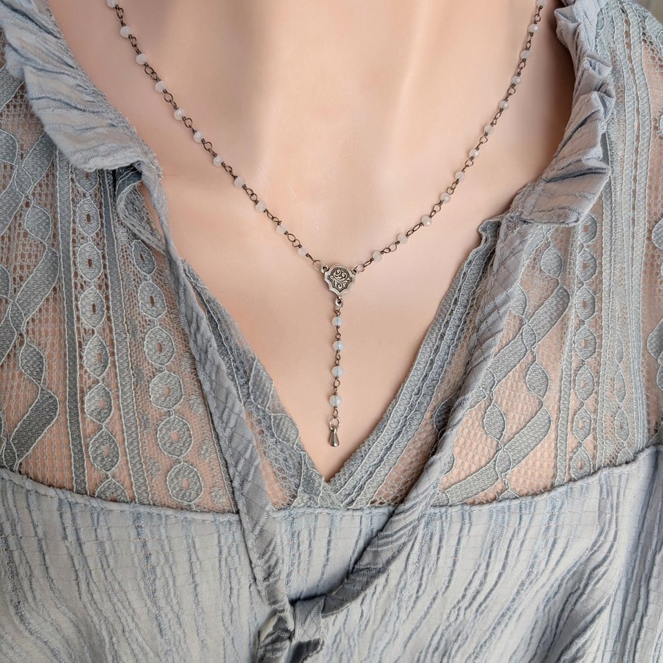 Rainbow Moonstone Y Necklace: Gothic Rosary Bead Choker