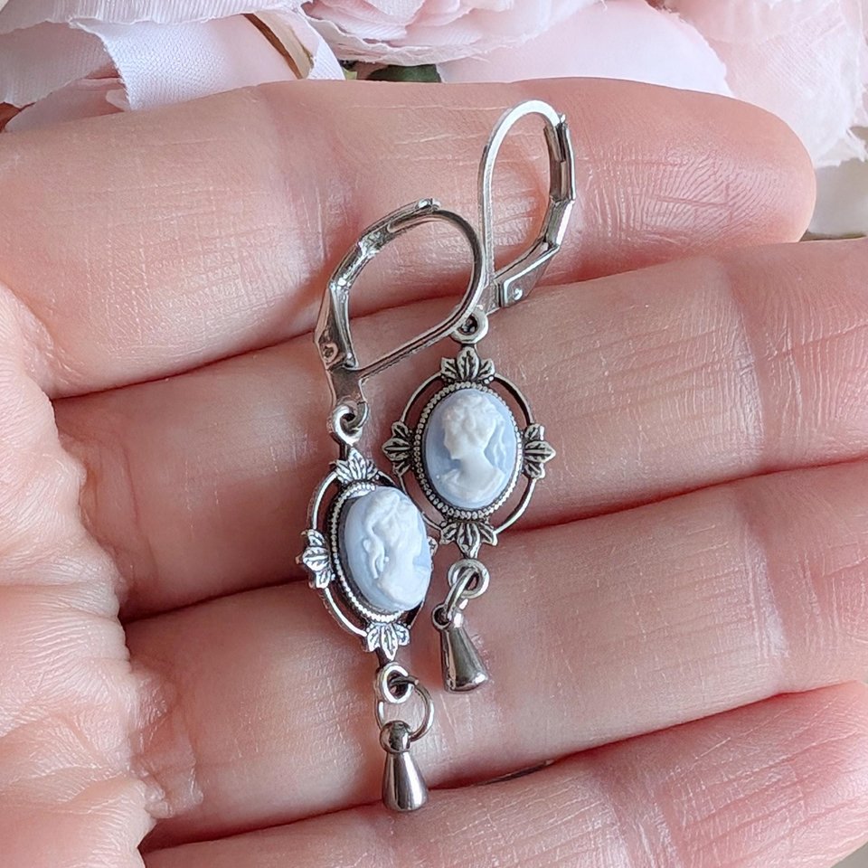 Dainty Blue & White Cameo Earrings, Silver Vintage Leaf Design Pendants, Victorian Style Jewelry, Regency Earrings, Historical Costume