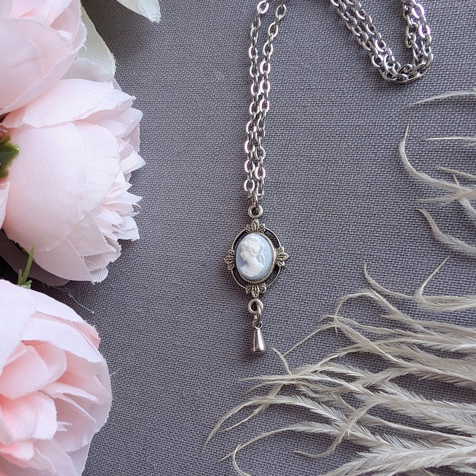 Dainty Blue & White Cameo Necklace, Silver Vintage Leaf Design Pendant, Victorian Style Jewelry, Historical Costume