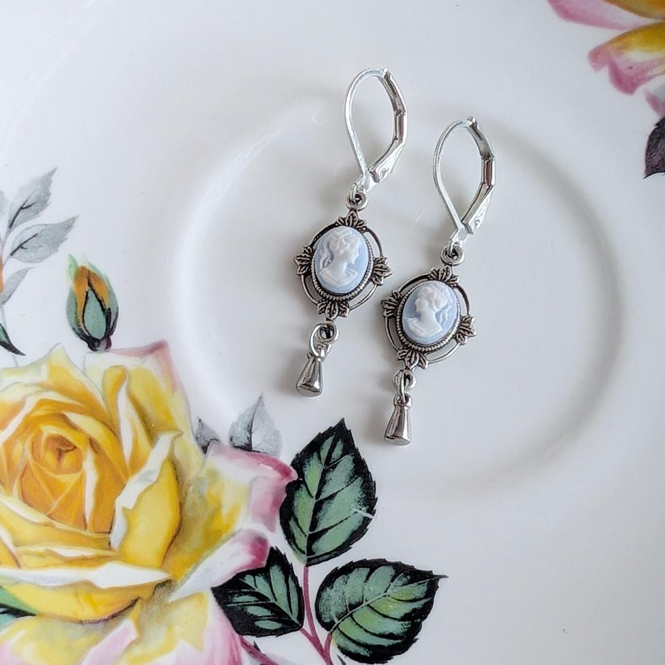 Dainty Blue & White Cameo Earrings, Silver Vintage Leaf Design Pendants, Victorian Style Jewelry, Regency Earrings, Historical Costume