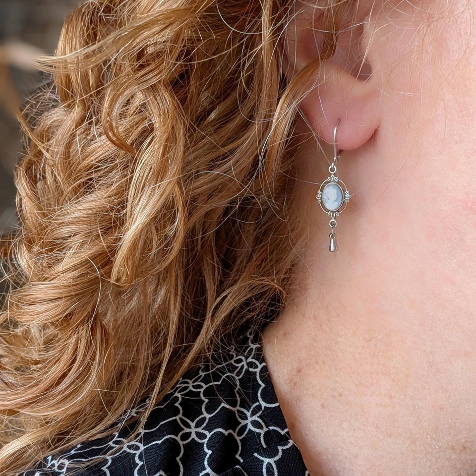 Dainty Blue & White Cameo Earrings, Silver Vintage Leaf Design Pendants, Victorian Style Jewelry, Regency Earrings, Historical Costume