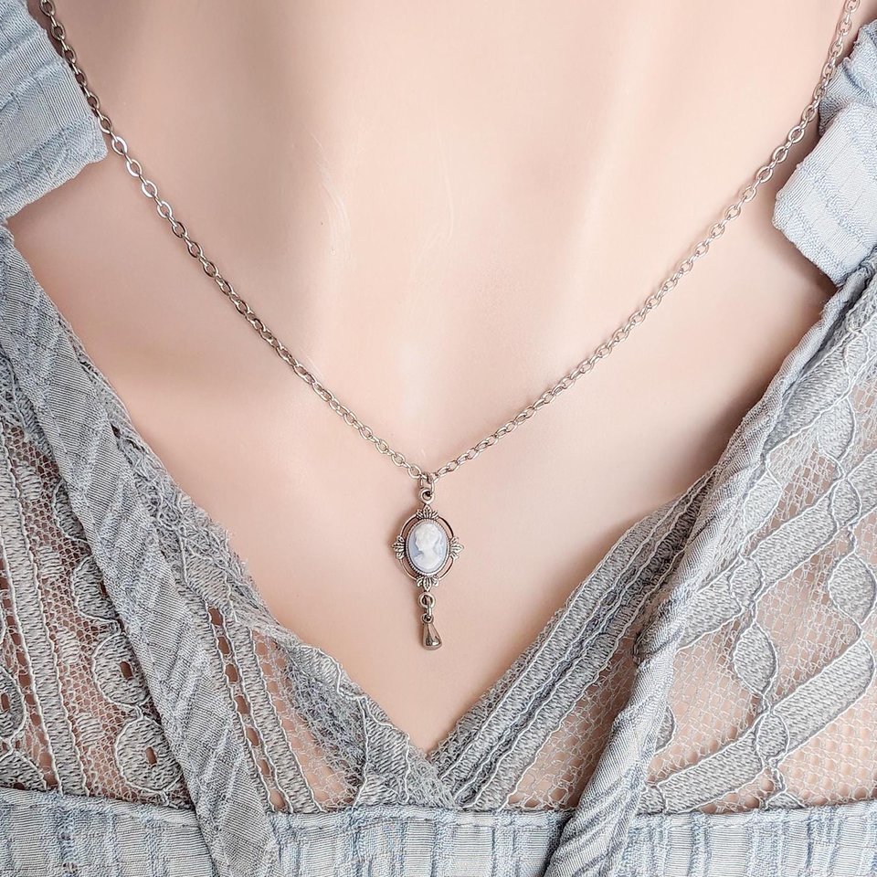 Dainty Blue & White Cameo Necklace, Silver Vintage Leaf Design Pendant, Victorian Style Jewelry, Historical Costume