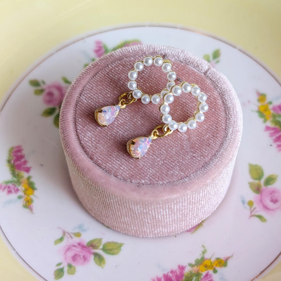 Pearl Halo Earrings: Pink Fire Opal Teardrop, Stainless Steel Posts, Vintage Style