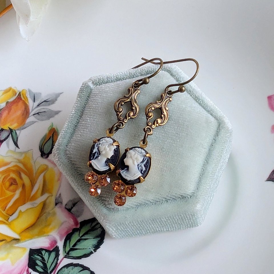 Victorian Style Cameo Earrings, White on Black with Antiqued Brass and Cognac Crystal Accents