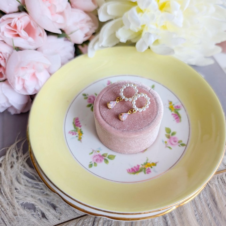 Pearl Halo Earrings: Pink Fire Opal Teardrop, Stainless Steel Posts, Vintage Style