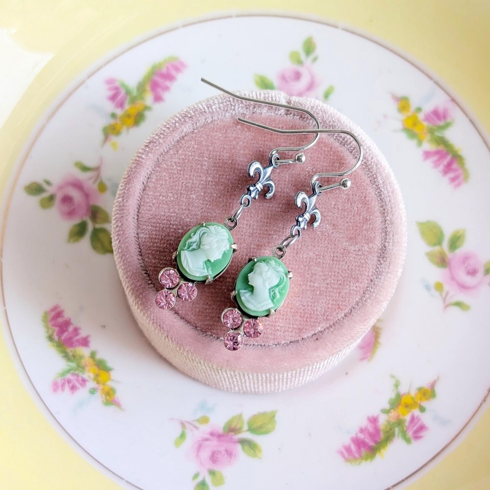 Green Cameo Earrings with Fleur de Lis and Pink Crystals, Vintage Style Jewelry Gift