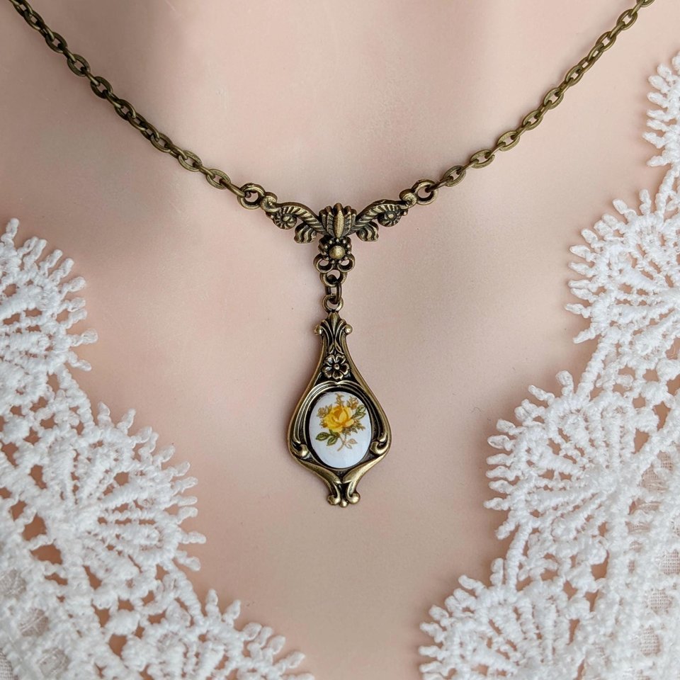 Regency Rose Necklace: Antiqued Bronze Tulip, Yellow Floral Cabochon