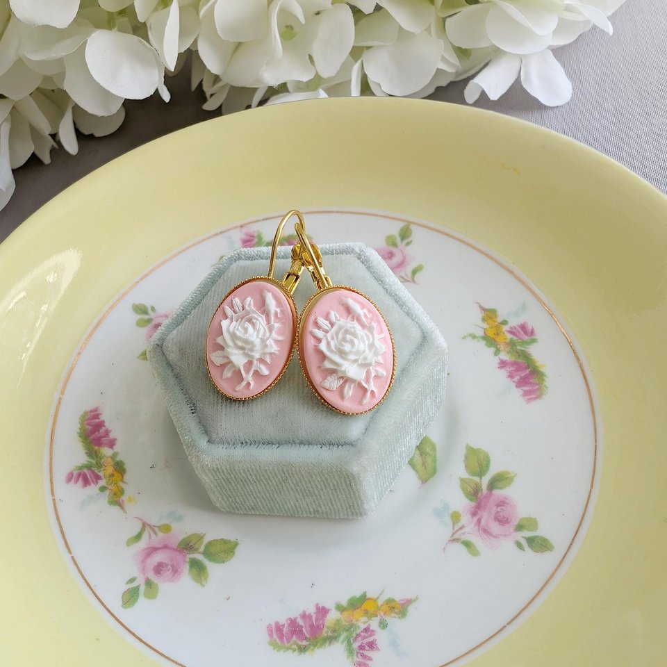 Pink Rose Cameo Leverback Earrings: Victorian Style Floral Jewelry
