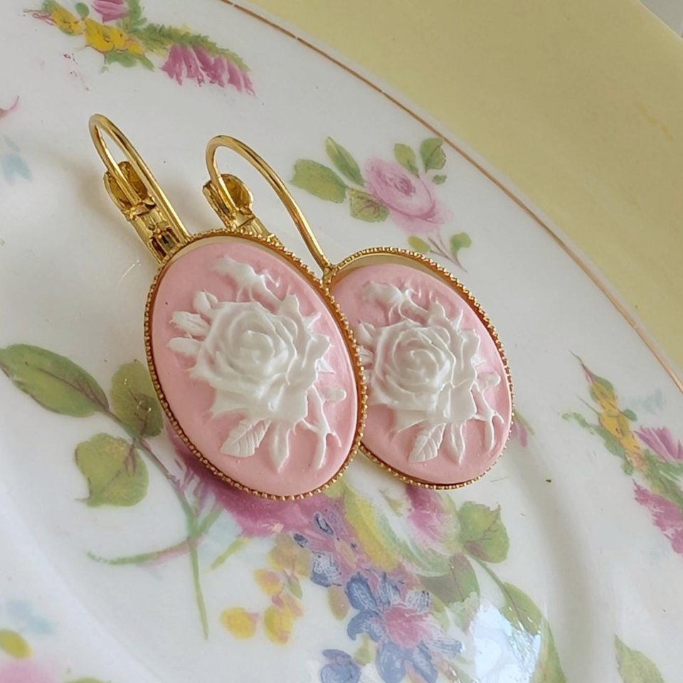 Pink Rose Cameo Leverback Earrings: Victorian Style Floral Jewelry