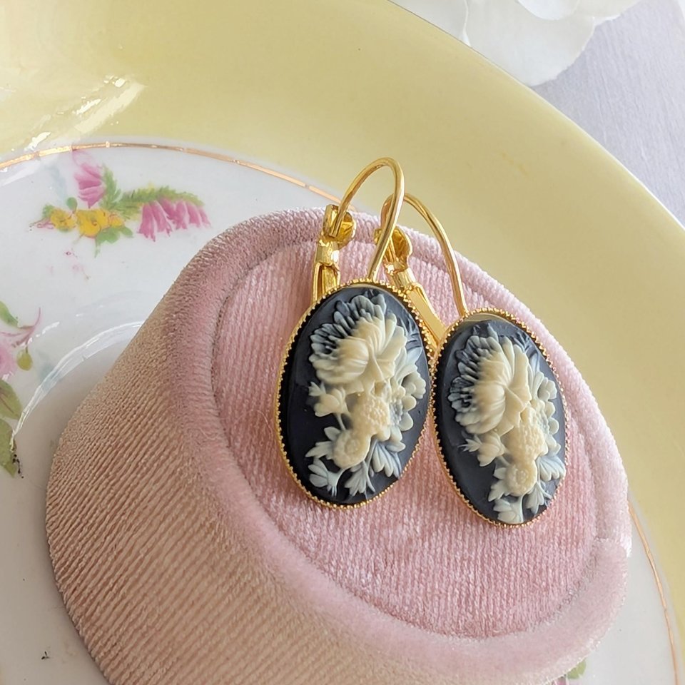 Ivory Flower Cameo Earrings: Black Vintage Gothic Style, Lever Back