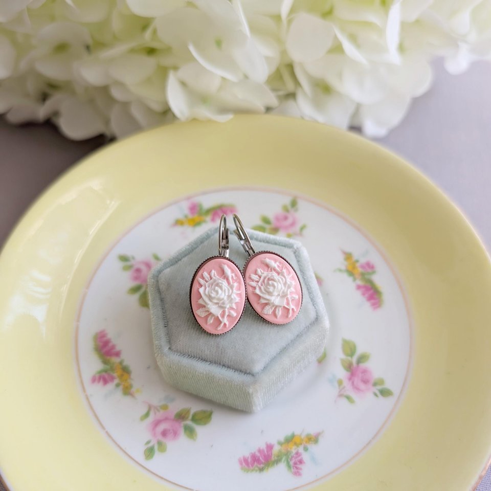 Pink Rose Cameo Leverback Earrings: Victorian Style Floral Jewelry