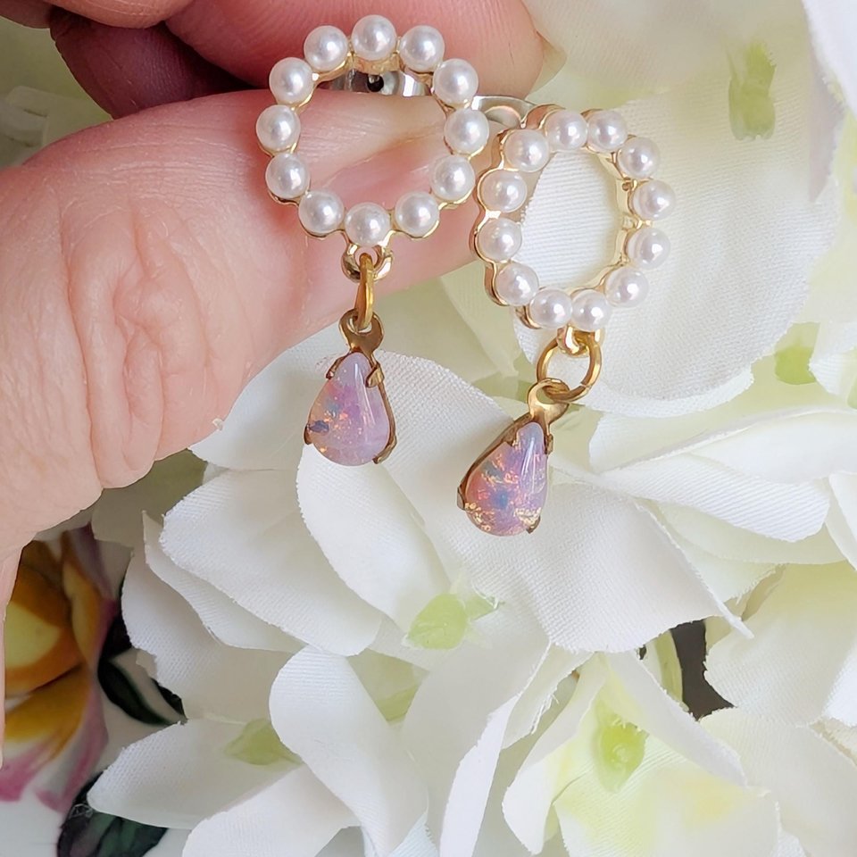 Pearl Halo Earrings: Pink Fire Opal Teardrop, Stainless Steel Posts, Vintage Style