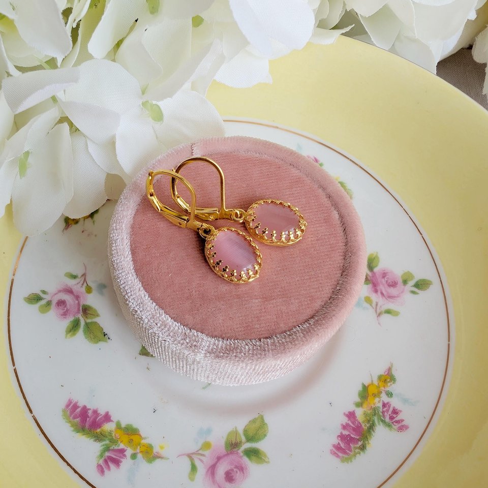 Gold Plated Crown Bezel Earrings with Pink Cat’s Eye Stones, Elegant Vintage Inspired Jewelry