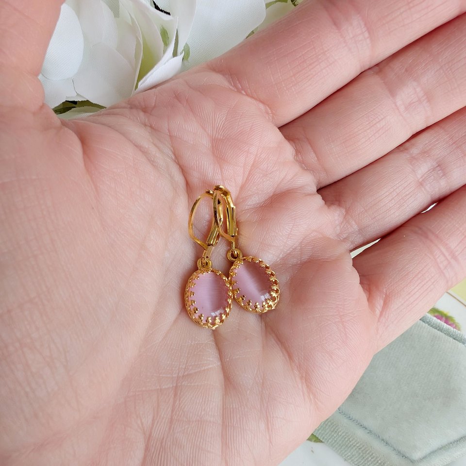 Gold Plated Crown Bezel Earrings with Pink Cat’s Eye Stones, Elegant Vintage Inspired Jewelry