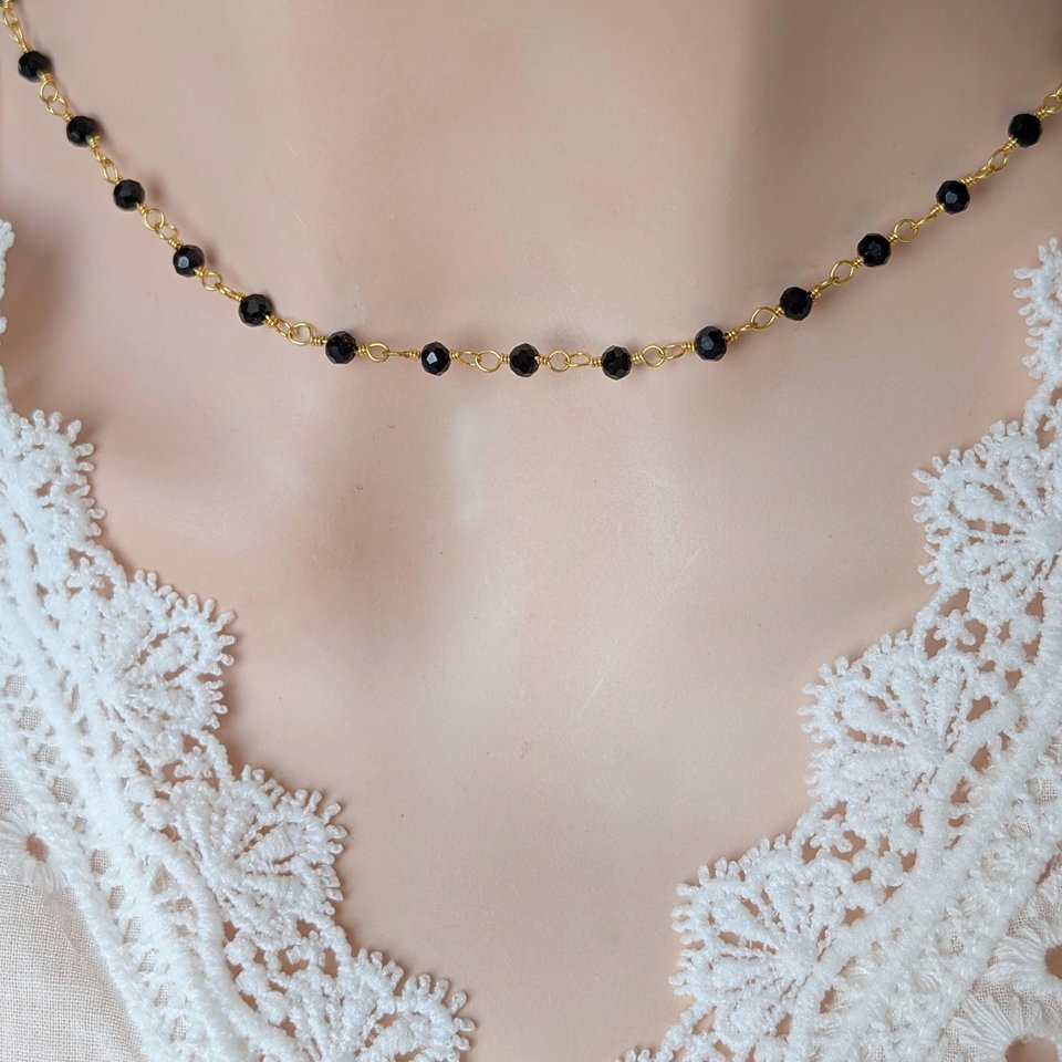 Black Beaded Rosary Chain Choker Necklace, Golden Brass Vintage Style Jewelry