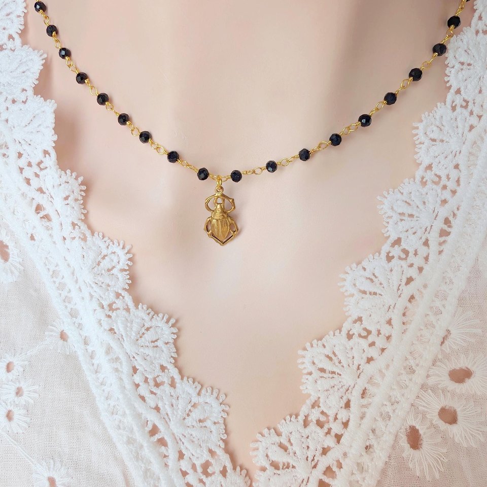 Golden Brass Scarab Pendant Choker, Black Beaded Rosary Chain Necklace, Vintage Style Jewelry