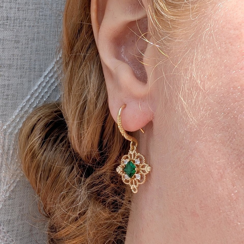 Gold Plated Filigree Dangle Earrings, Vintage Style Drop Earrings with Red, Green or Blue Cubic Zirconia