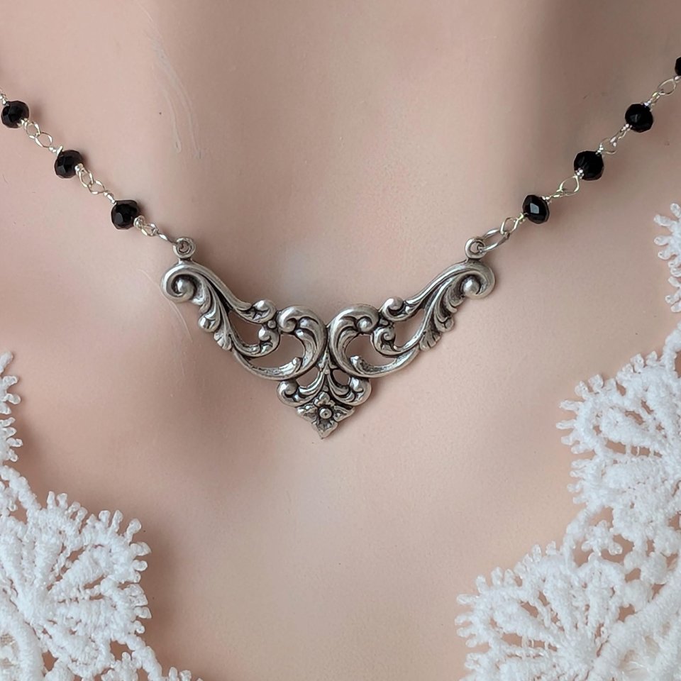 Silver Filigree Choker Necklace – Black Beaded Rosary Chain, Vintage Gothic Style Jewelry